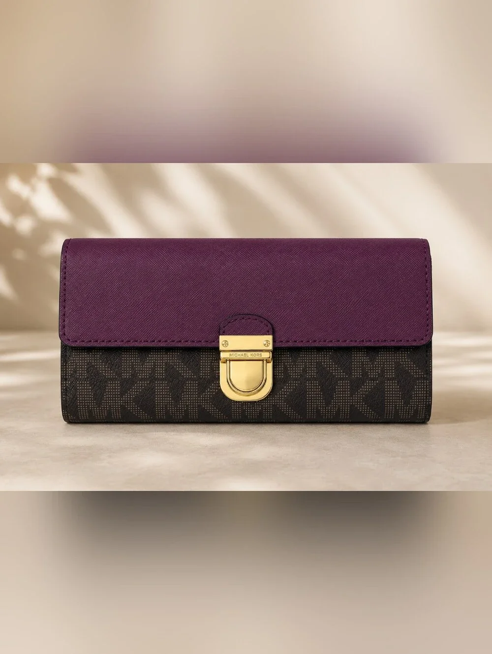 Michael Kors Bridgette Flap Wallet Brown MK‎ Logo Burgandy Eggplant Leather Lock